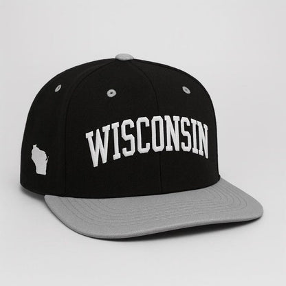 Embroidered Wisconsin State Outline Cap: Flat Bill Snapback