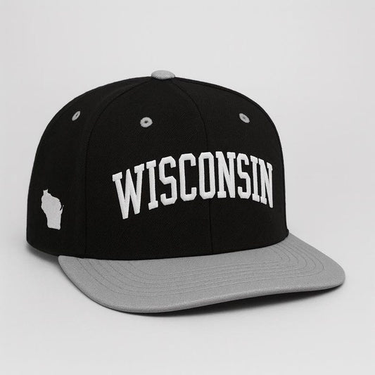 Embroidered Wisconsin State Outline Cap: Flat Bill Snapback