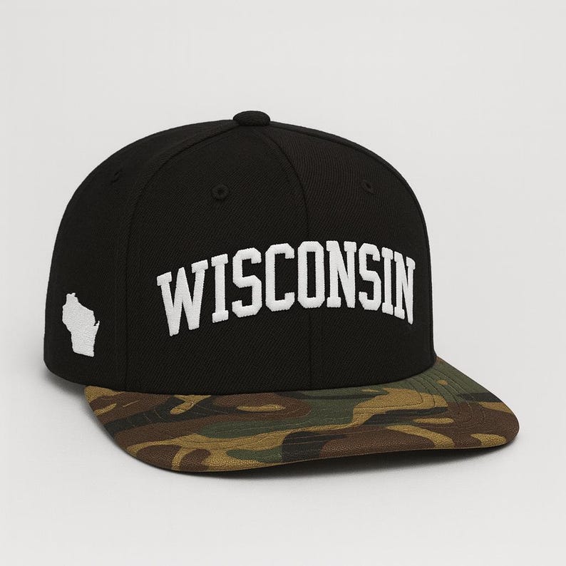 Embroidered Wisconsin State Outline Cap: Flat Bill Snapback