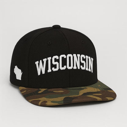 Embroidered Wisconsin State Outline Cap: Flat Bill Snapback