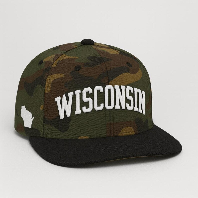Embroidered Wisconsin State Outline Cap: Flat Bill Snapback