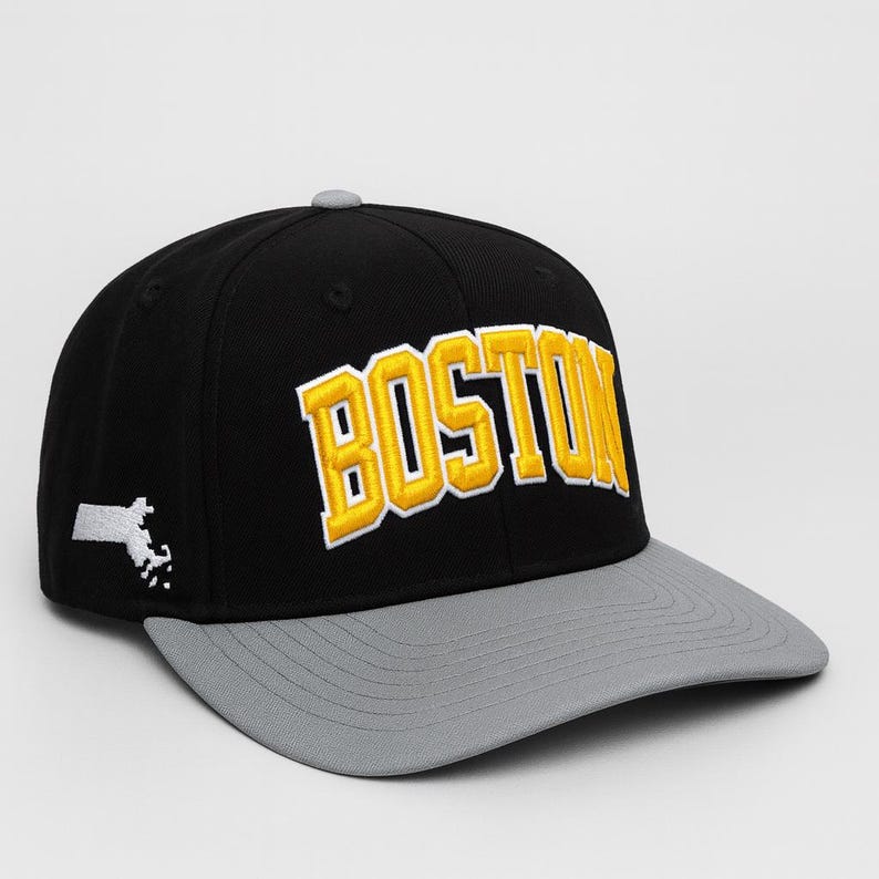 Embroidered Boston Baseball Cap: Massachusetts Outline, Flat Bill Snapback