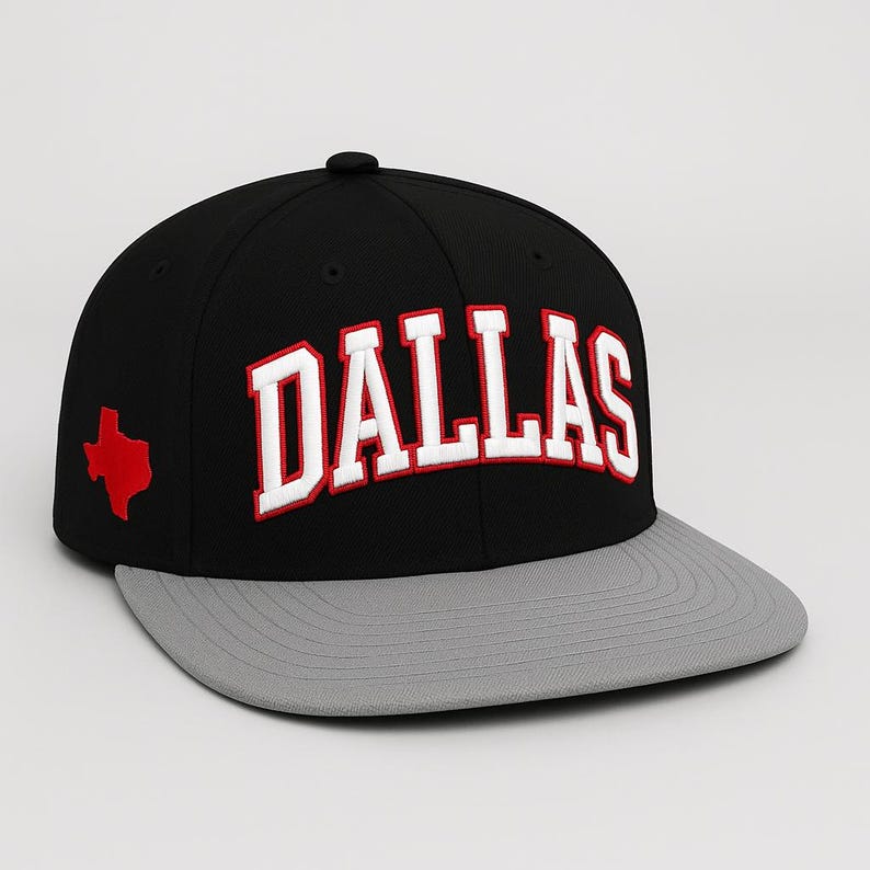 Dallas Embroidered Baseball Cap: Texas Outline, Flat Bill Snapback