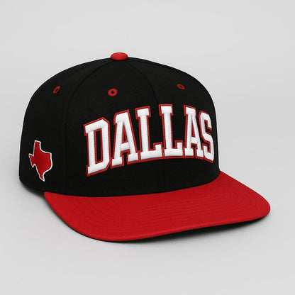 Dallas Embroidered Baseball Cap: Texas Outline, Flat Bill Snapback