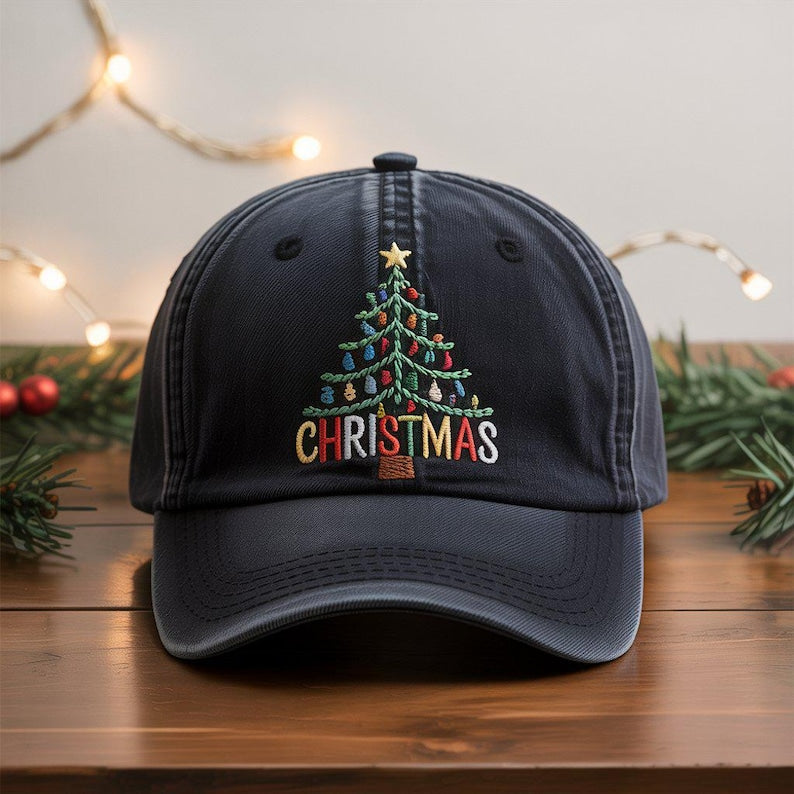 Christmas Tree Embroidered Hat, Merry And Bright Embroidered Cap, Merry Christmas Hat, Winter Gift