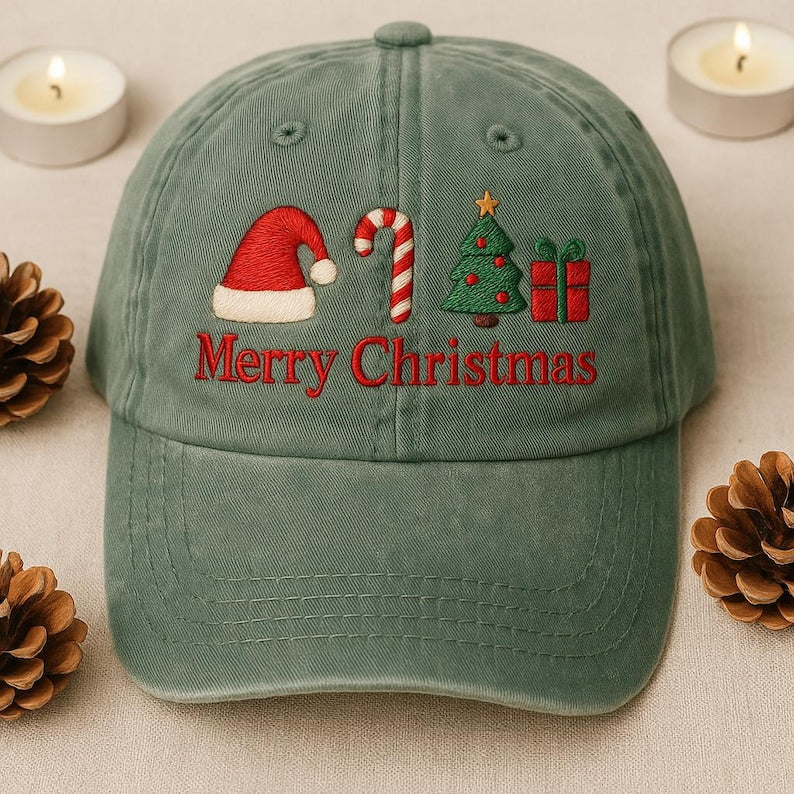 Merry Christmas Embroidered Dad Cap, Santa Hat Candy Cane Christmas Tree Hat, Holiday Embroidered Gift for Him