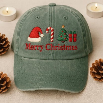 Merry Christmas Embroidered Dad Cap, Santa Hat Candy Cane Christmas Tree Hat, Holiday Embroidered Gift for Him