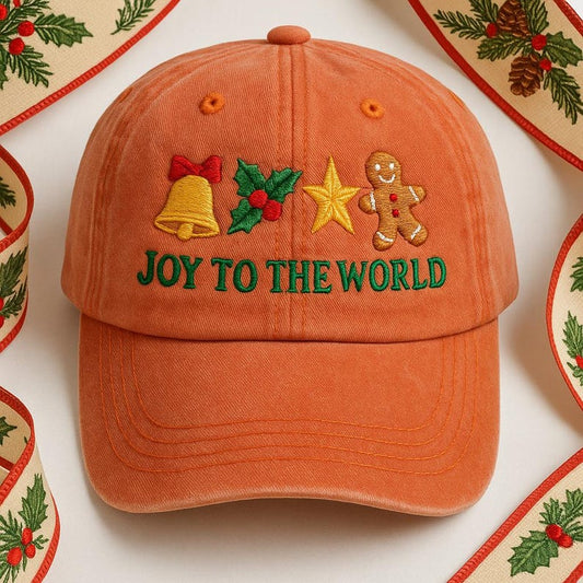 Joy To The World Embroidered Dad Cap, Christmas Bell Holly Star Gingerbread Hat, Festive Holiday Embroidered Gift