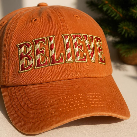 Embroidered Believe Cap, Candy Cane Christmas Dad Hat, Holiday Spirit Wash Cap, Xmas Gift Adjustable Hat, Festive