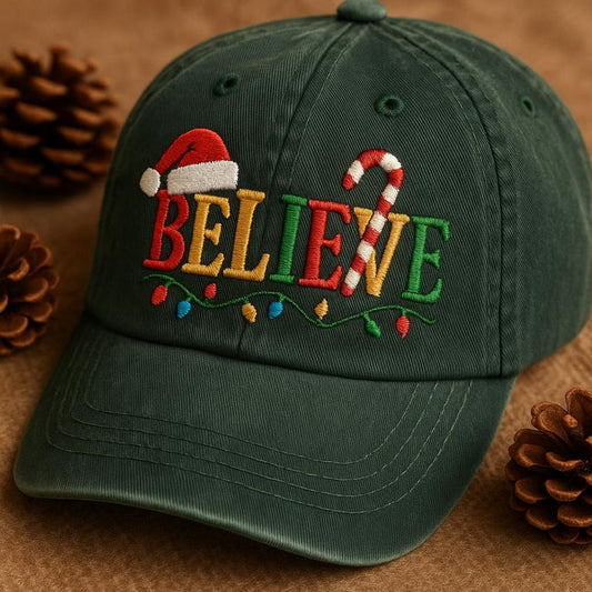 Christmas Believe Embroidered Dad Hat, Festive Candy Cane Santa Hat Wash Cap, Holiday Light Embroidered Hat, Xmas Gift Idea