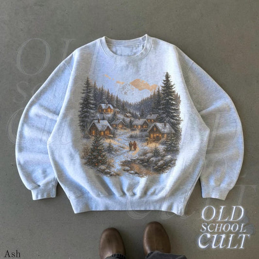 Retro Christmas Winter Village Sweatshirt , 90s Vintage Mountain Pine Trees Decorated Cabins Outfit, Boho Unisex Crewneck Sweatshirt