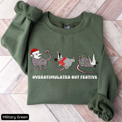 Overstimulated But Festive Possum Christmas Sweatshirt, Funny Christmas Shirt, Possum Christmas Sweatshirt, Possum Gift, Meme Sweatshirt