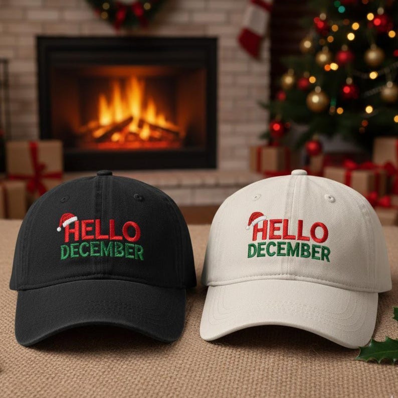 Hello December Embroidered Hat, Christmas Pattern Embroidered Cap, Merry Christmas Hat, Winter Gift