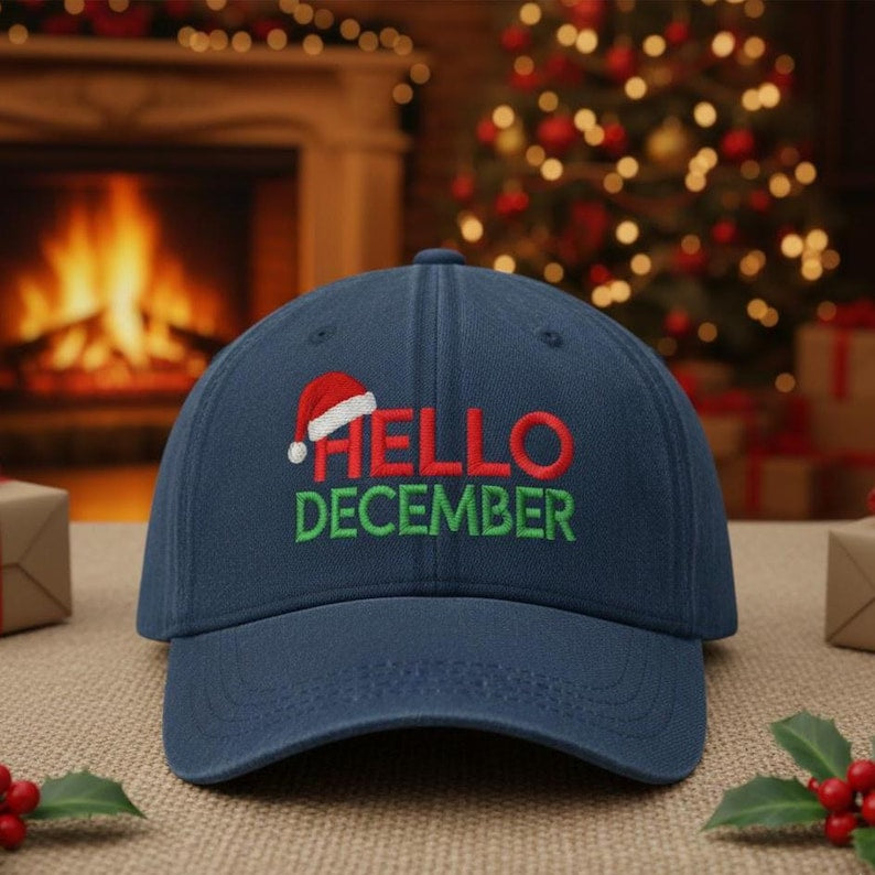 Hello December Embroidered Hat, Christmas Pattern Embroidered Cap, Merry Christmas Hat, Winter Gift